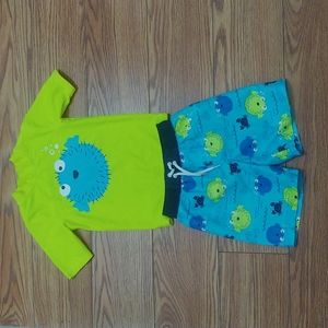 Toddler boy monster rashguard and swim trunk set. size 3t